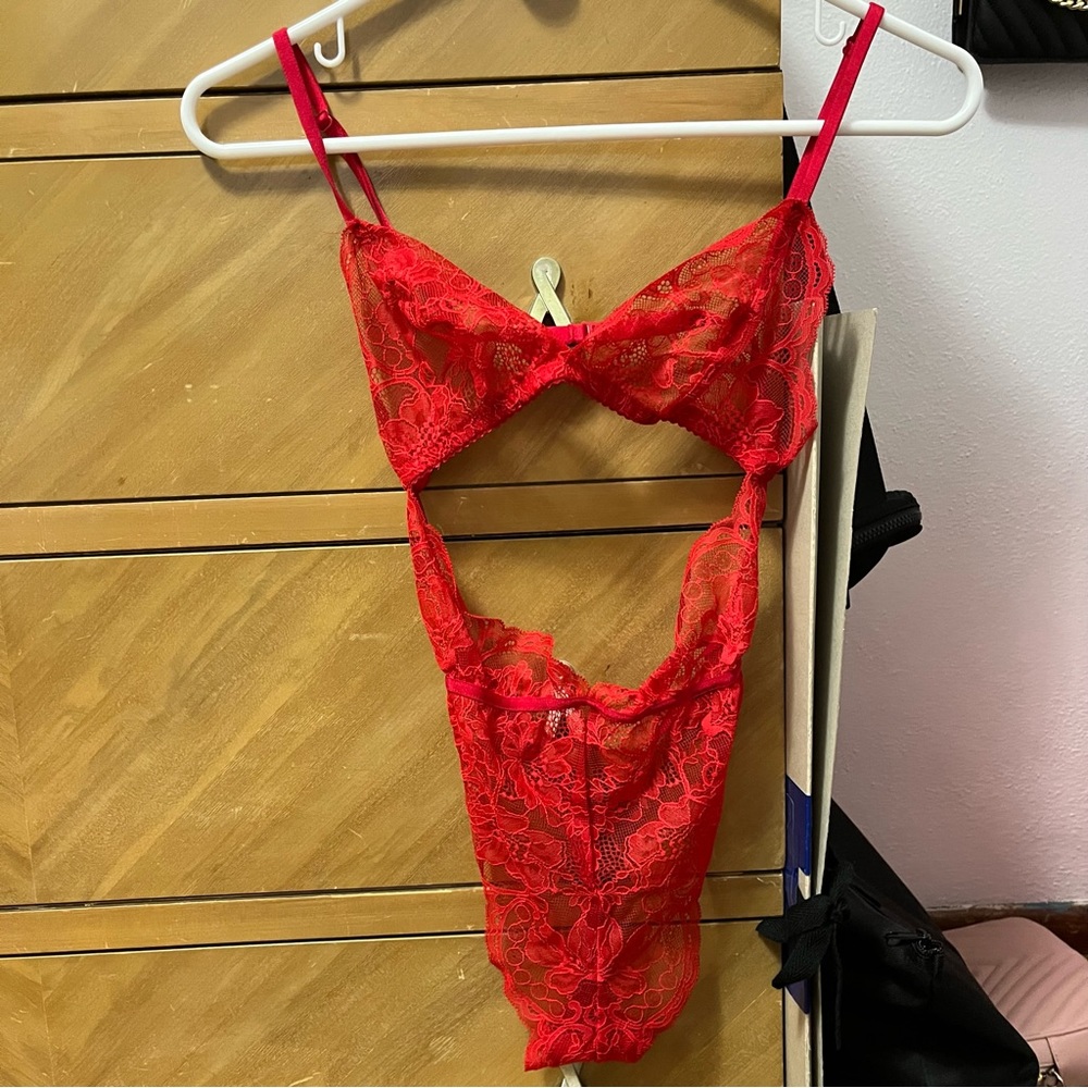 Victoria’s Secret Red Lace Strappy Bodysuit